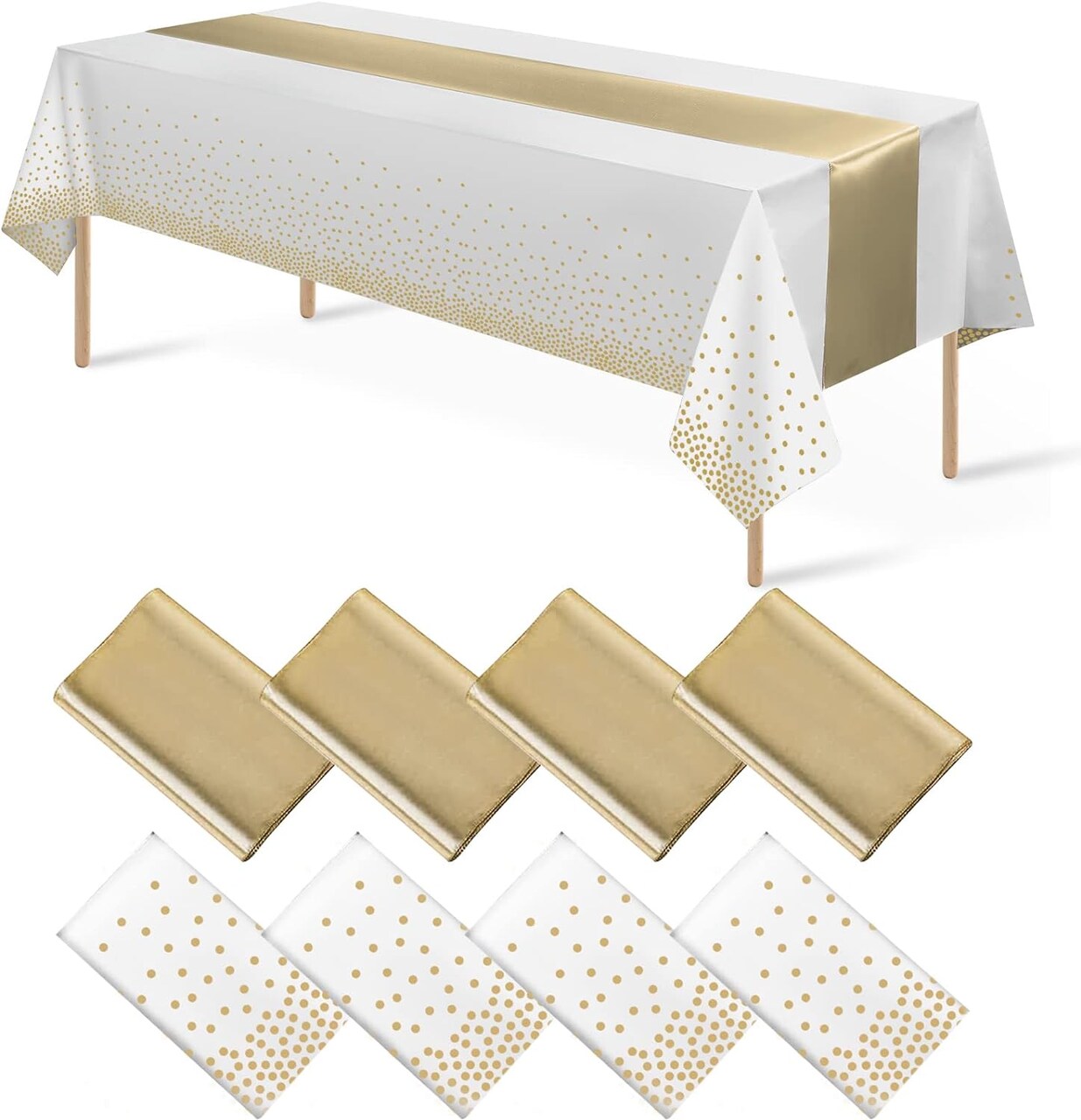 8Pack Disposable Plastic Tablecloths and Satin Table Runner Set (White and Gold) 108"L x 54"W